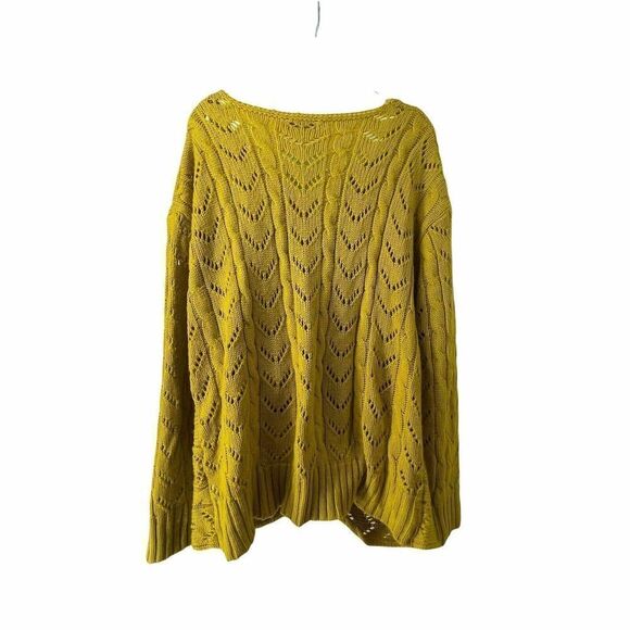Marigold Yellow V Neck Sweater Womens Size 3XL Twist Front Cable Knit Pointelle - Picture 3 of 6